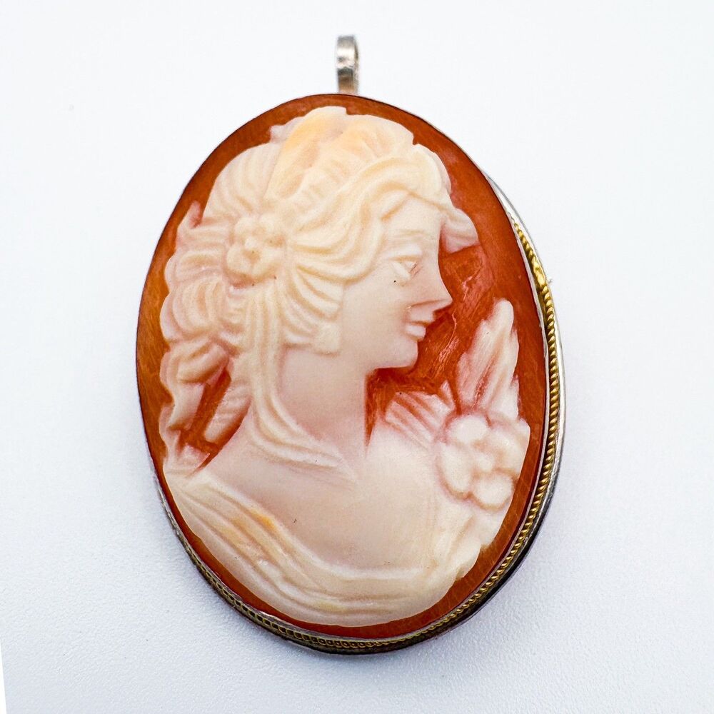 Vintage Sterling Silver & Gold Rope Bezel Cameo Portrait Brooch Pendant 16.8g